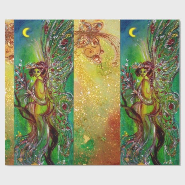GREEN CHRISTMAS FAIRY,GOLD SPARKLES,FLORAL SWIRLS WRAPPING PAPER (Flat)