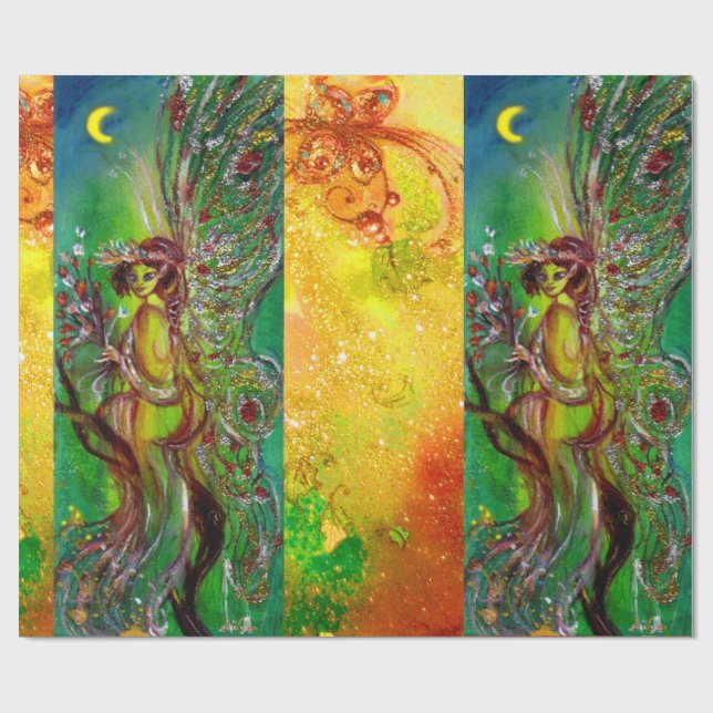 GREEN CHRISTMAS FAIRY,GOLD SPARKLES,FLORAL SWIRLS WRAPPING PAPER (Flat)