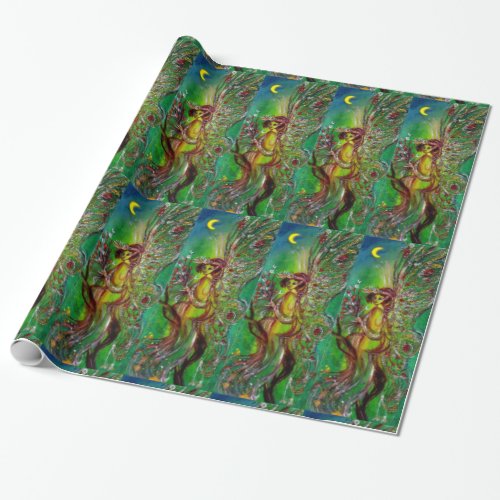 GREEN CHRISTMAS FAIRY GOLD SPARKLES IN MOONLIGHT WRAPPING PAPER