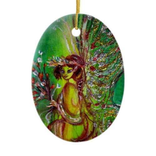 GREEN CHRISTMAS FAIRY WITH EMERALD GEMSTONE CERAMIC ORNAMENT