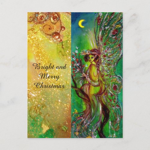 GREEN CHRISTMAS FAIRY WITH GOLD FLORAL SPARKLES HOLIDAY POSTCARD