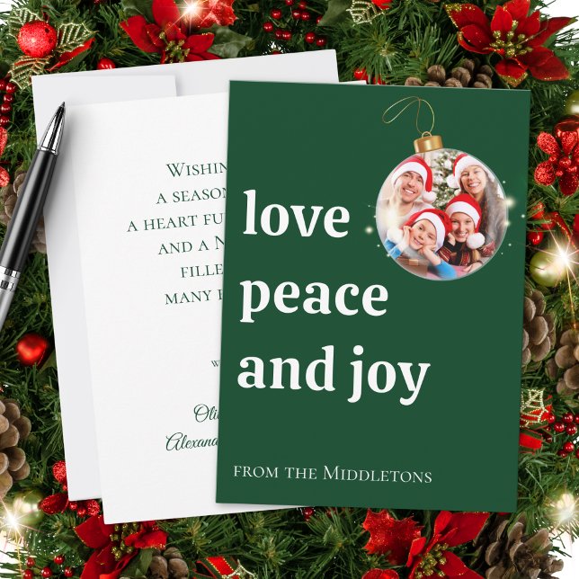 Green Christmas Family Photo Love Peace Joy Holiday Card (Creator Uploaded)