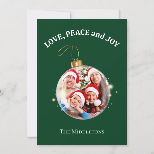 Green Christmas Family Photo Love Peace Joy Holiday Card (Front)