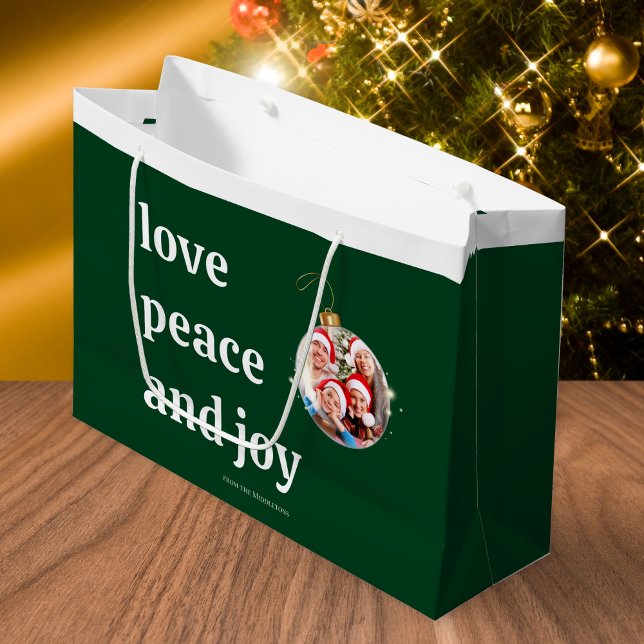 Green Christmas Family Photo Love Peace Joy Large Gift Bag (Creator Uploaded)
