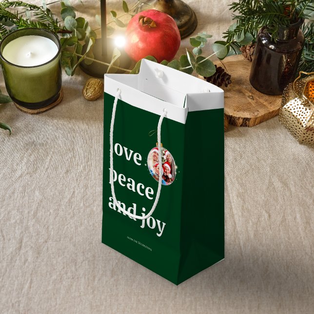 Green Christmas Family Photo Love Peace Joy Small Gift Bag (Creator Uploaded)