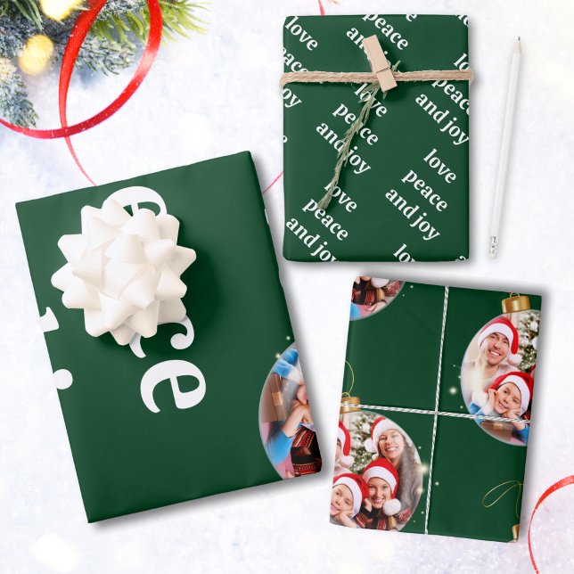 Green Christmas Family Photo Love Peace Joy Wrapping Paper Sheets (Creator Uploaded)