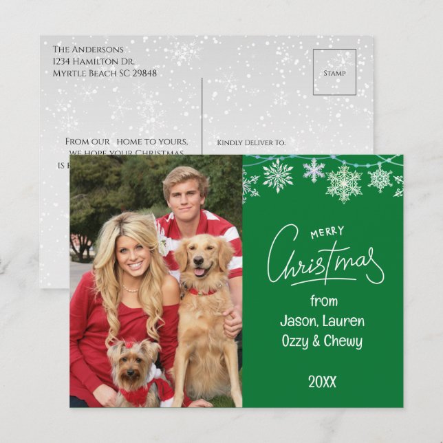 Green Christmas Family Photo Pets Message Holiday Postcard (Front/Back)