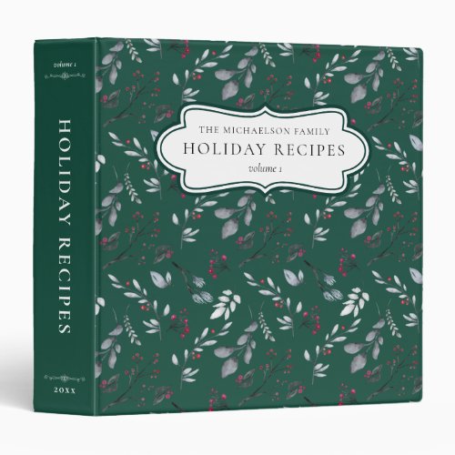 Green Christmas Family Recipes Watercolor Foliage 3 Ring Binder