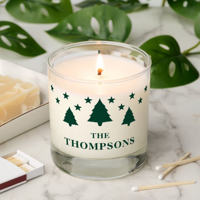 Green Christmas Fir Trees Custom Photo Template Scented Candle (Lit)