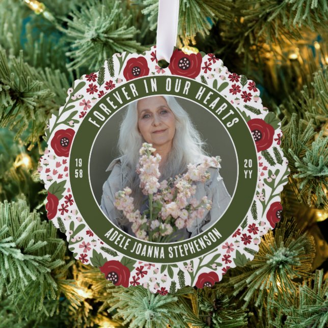 Green Christmas Floral Forever In Our Hearts Photo Ornament Card (Insitu (Tree))
