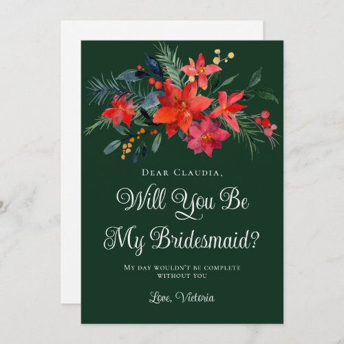 Green Christmas Floral Will You Be My Bridesmaid Invitation