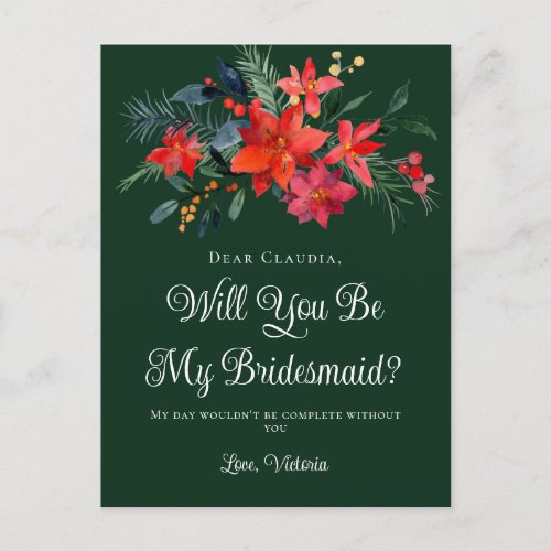 Green Christmas Floral Will You Be My Bridesmaid Postcard