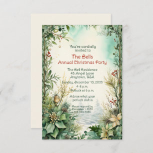 Green Christmas Flowers Annual Christmas Party  Invitation