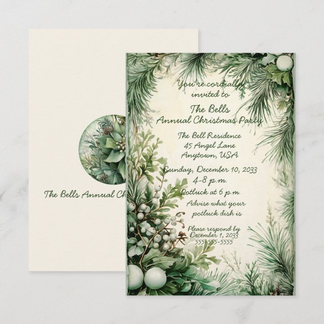 Green Christmas Flowers Annual Christmas Party  Invitation (Front/Back)