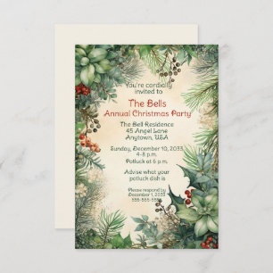 Green Christmas Flowers Annual Christmas Party Invitation