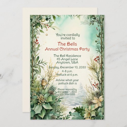 Green Christmas Flowers Annual Christmas Party  Invitation