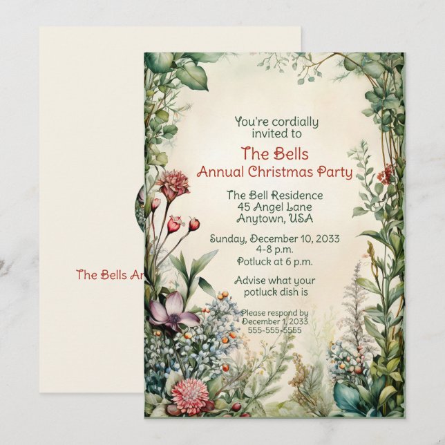 Green Christmas Flowers Annual Christmas Party  Invitation (Front/Back)