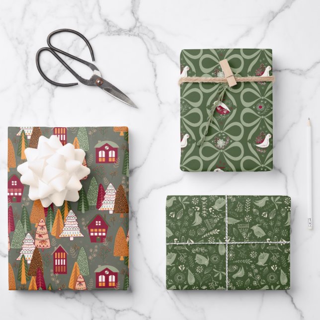 Green Christmas Forest Village Birds Houses Wrapping Paper Sheets (Front)