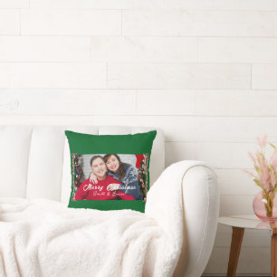 Green Christmas Frame Couple Photo Name Throw Pillow