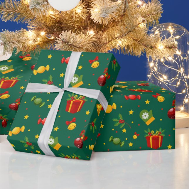 Green Christmas Gift Box Pattern Wrapping Paper (Holidays)