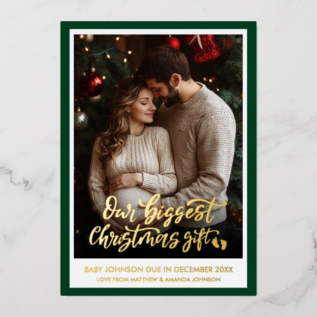 Green Christmas Gift Pregnancy Announcement Photo (Front)