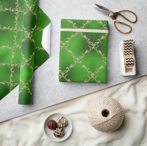 Green Christmas Gold Glitter Damask Gift Wrapping Paper