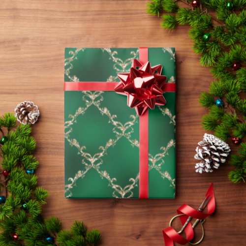 Green Christmas Holiday Gold Damask Gift Wrapping Paper