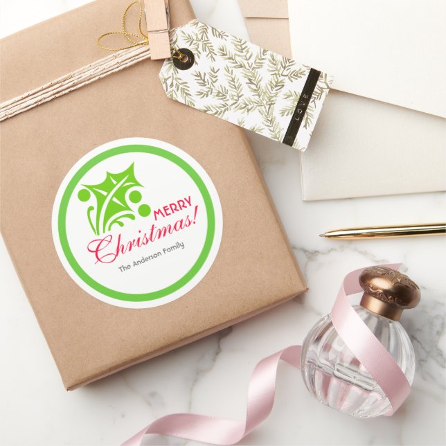 Green Christmas Holly Leaf Classic Round Sticker (Gifting)
