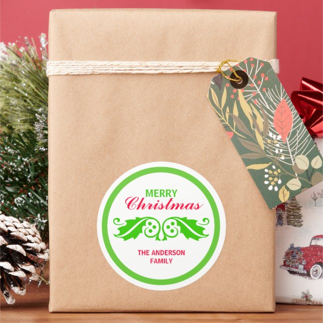 Green Christmas Holly Leaves Classic Round Sticker (Holiday)