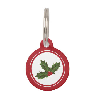 Green Christmas Holly Plant Illustration With Red Pet ID Tag