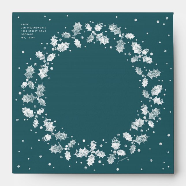 Green Christmas Holly Wreath Return Address Square Envelope (Front)