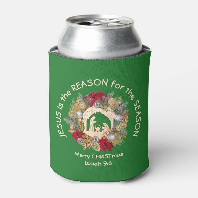 Green Christmas JESUS IS THE REASON  Can Cooler (Can Front)