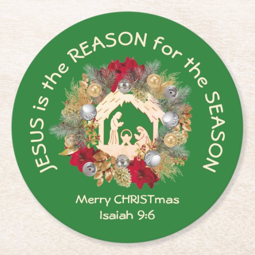 Green Christmas JESUS IS THE REASON Round Paper Coaster