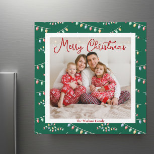 Green Christmas Lights Cute Photo Magnet Card