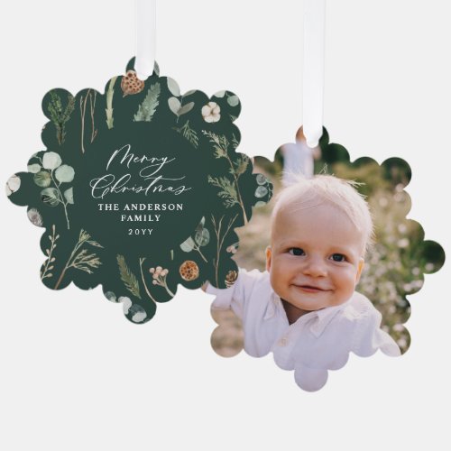 green Christmas minimal botanical photo Ornament Card