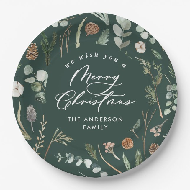 Green Christmas minimal elegant botanical Paper Plates (Front)