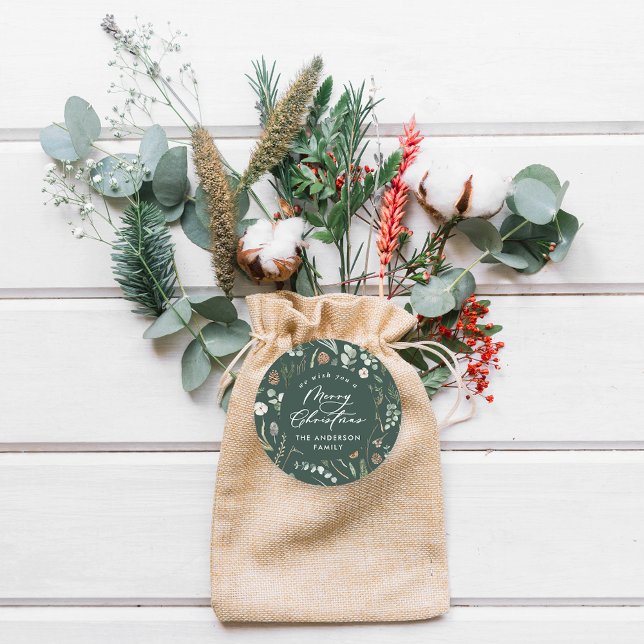 Green Christmas minimal elegant botanical photo Classic Round Sticker (Creator Uploaded)