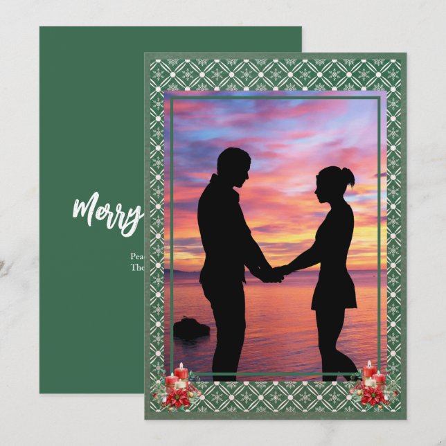 Green Christmas One Photo Snowflake Holiday Card (Front/Back)