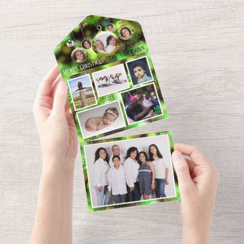 Green Christmas ornament add family photos holiday All In One Invitation