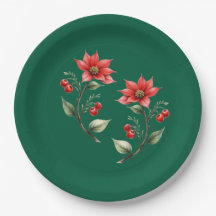 Green Christmas Paper Plate with Red Flowers