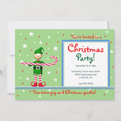 Green Christmas Party Candy Cane Elf Invitation