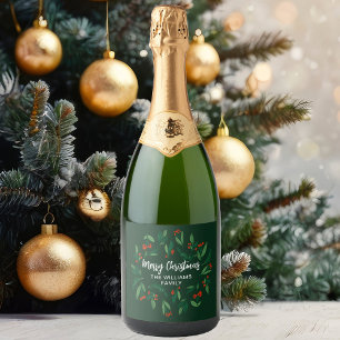 Green Christmas Party Custom Holly Berry Sparkling Wine Label