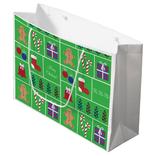Green Christmas Pattern Large Gift Bag (Front Angled)