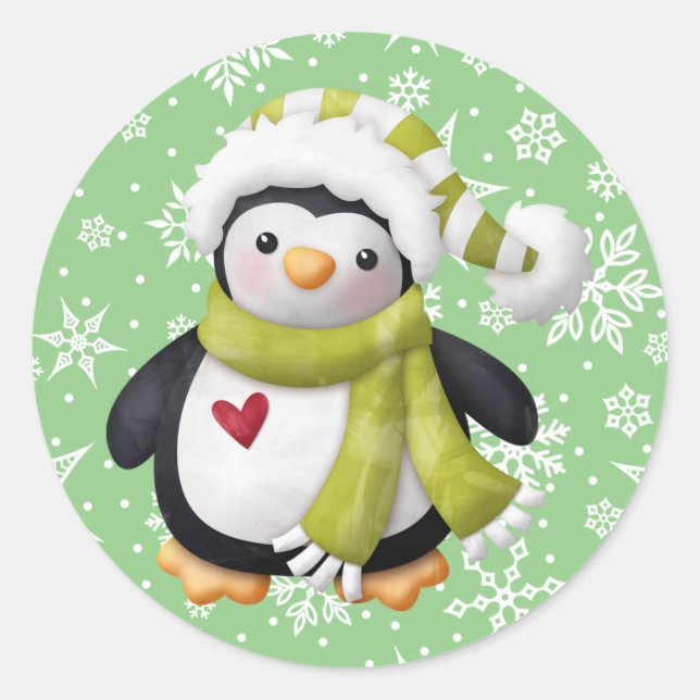 Green Christmas Penguin Round Sticker (Front)