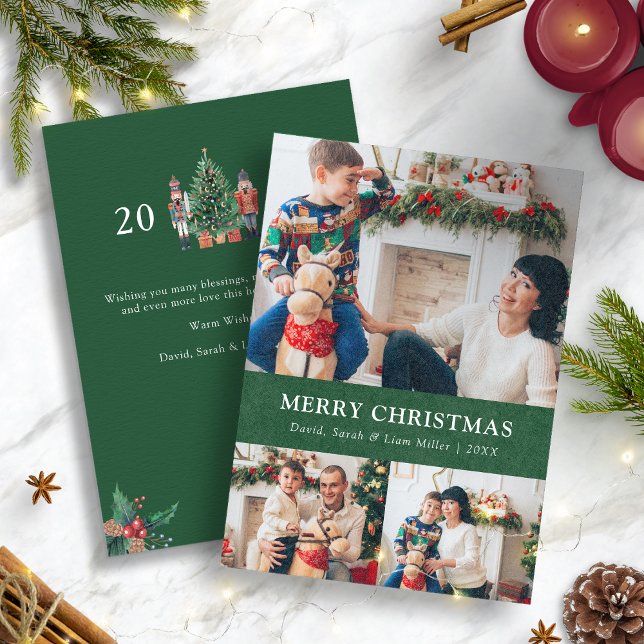Green Christmas Photo Collage Holiday Card (Nutcracker Green Christmas Photo Collage Holiday Card)