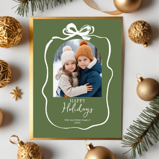 Green Christmas Photo Hand-Drawn Bow Ribbon  Holiday Postcard