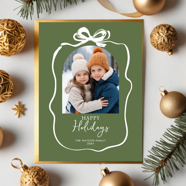 Green Christmas Photo Hand-Drawn Bow Ribbon  Holiday Postcard (Green Christmas Photo Hand-Drawn Bow Ribbon Holiday Postcard)