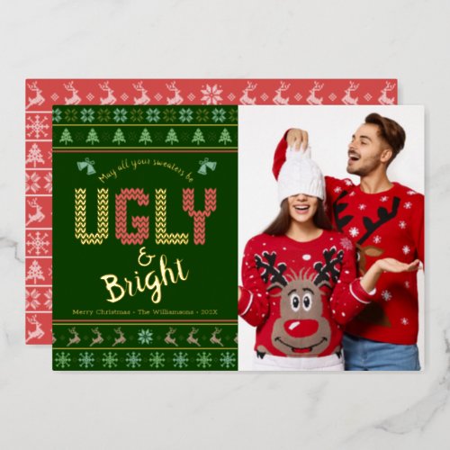 Green Christmas Photo Tacky Ugly Sweater Real Gold Foil Holiday Card