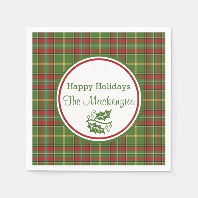 Green Christmas Plaid Custom Paper Napkins (Front)