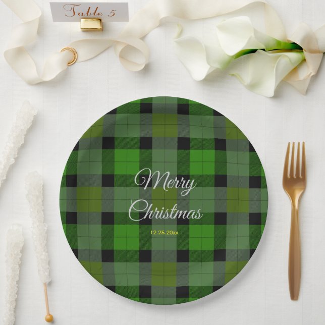 Green Christmas Plaid Pattern Paper Plates (Wedding)